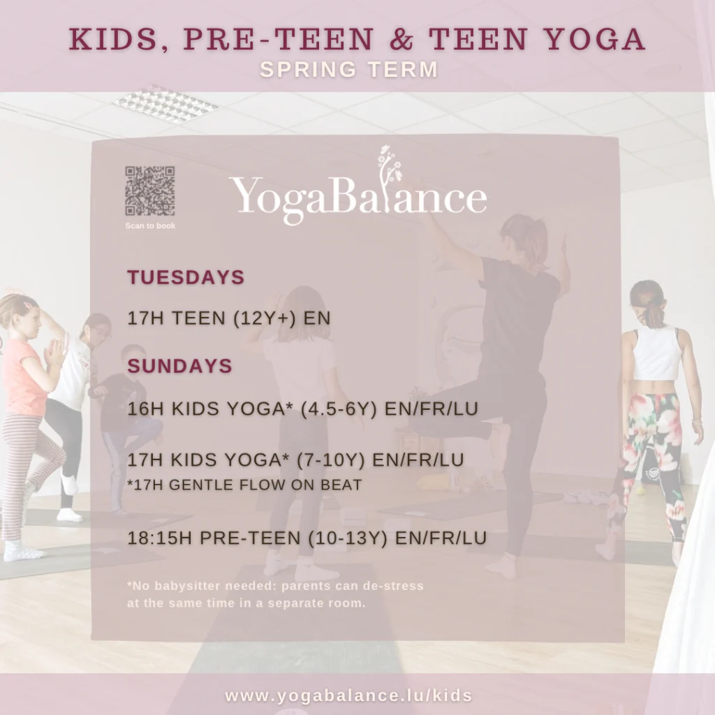 Kids yoga classes in Walferdange Luxembourg at YogaBalance studio – spring term schedule for children and teens